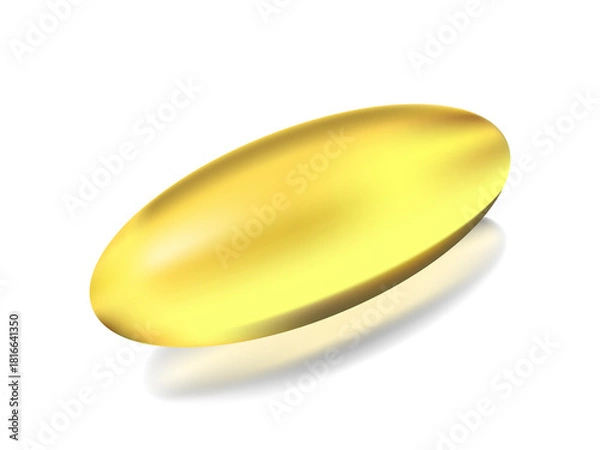 Fototapeta Golden oil capsule of vitamin A, E, Omega 3 or collagen. Vector realistic mockup of medical pill with fish fat or organic cosmetic oil. Clear yellow tablets isolated on transparent background