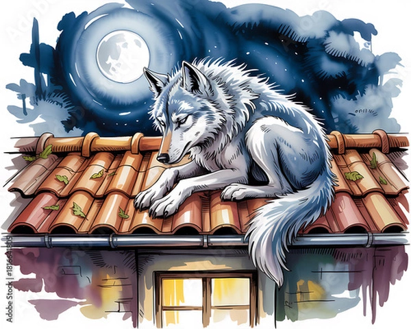 Obraz Lonely Wolf on Rooftop Under the Moon.