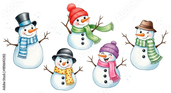 Obraz Watercolor Set of Cute Snowmen Isolated on White Background