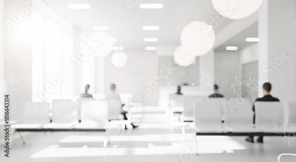 Obraz Blurred waiting room with people and heart rate graphic overlay abstract medical