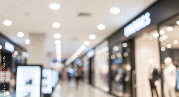 Obraz Blurred shopping mall interior with bright ceiling lights and store fronts bokeh