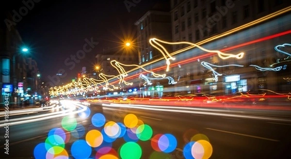 Obraz City street at night with light trails and bokeh effects image