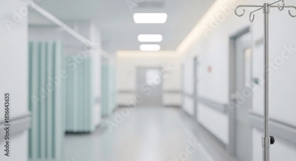 Obraz Hospital corridor with I V stand and light blue curtains hallway IV stand