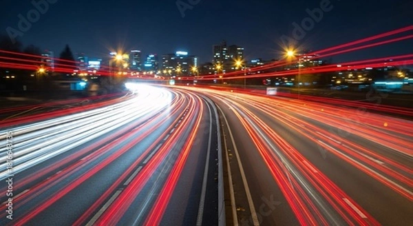Obraz Night highway light trails with city skyline in background traffic motion blur
