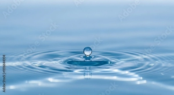 Obraz Single water drop falling into calm blue water creating ripples liquid splash