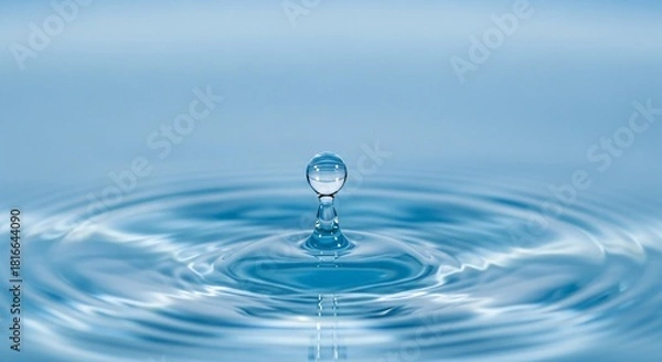 Obraz Single water drop suspended above rippling blue water surface liquid splash
