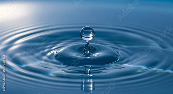 Obraz Single Water Droplet Falling Creating Ripples on Blue Surface impact