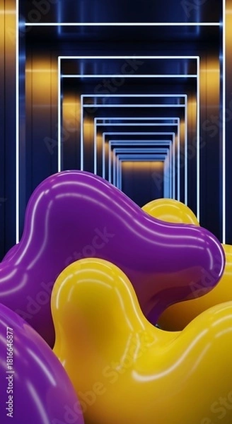 Fototapeta Vibrant Purple and Yellow Rounded Shapes in a Corridor of Neon Lights