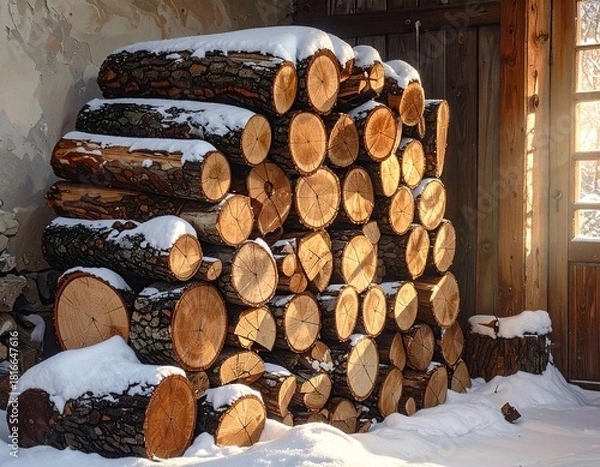 Obraz Snow Covered Wooden Logs Stacked in Rustic Setting