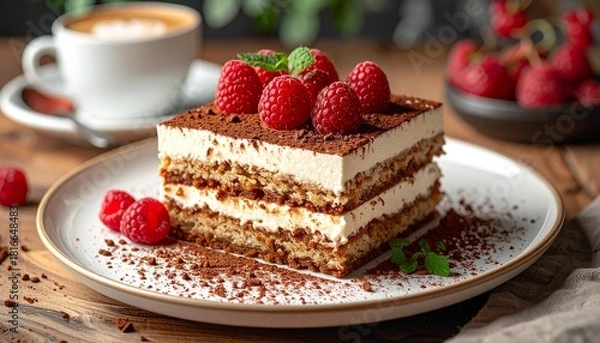Obraz Tiramisu slice on plate, cafe setting, raspberries on top berry