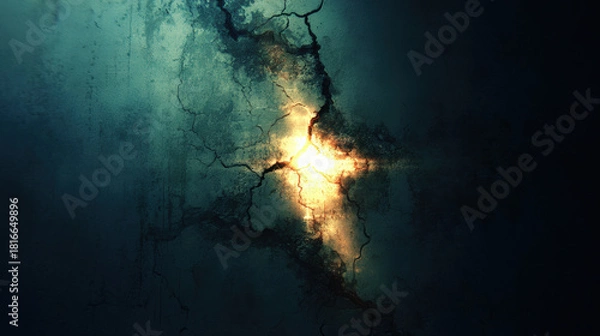 Fototapeta Dark cracked wall with glowing light breaking through, creating intriguing visual effect. contrast between darkness and light