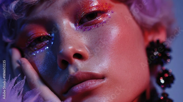 Fototapeta Bold futuristic makeup enhances model features with vibrant colors and glitter, creating striking visual impact