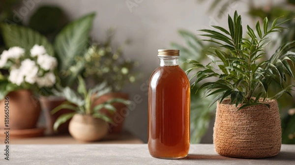 Fototapeta Fermented kombucha bottle with probiotic content, surrounded by lush greenery, evokes sense of wellness and natural living