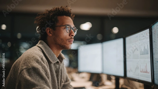 Fototapeta Financial analyst focused multiple monitors, analyzing data and trends modern office environment. atmosphere is intense
