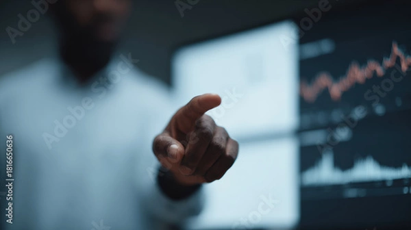 Fototapeta Financial analyst interacting with data visualization on screen, showcasing analytical skills and technology use