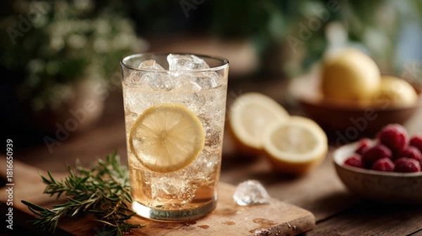 Fototapeta Refreshing beverage with ice and lemon slices, garnished with rosemary, evokes sense of relaxation and enjoyment