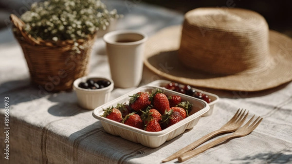 Fototapeta Healthy picnic setup with fresh strawberries, blueberries, and warm beverage, creating serene outdoor atmosphere