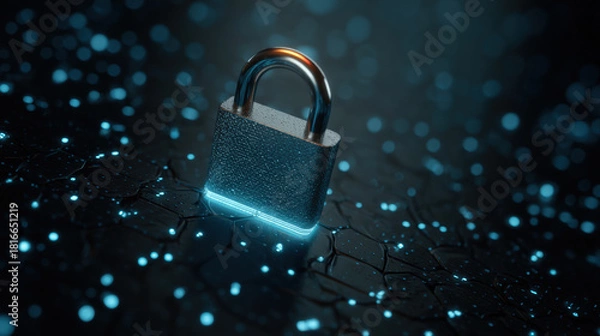 Fototapeta Metallic padlock stands prominently against backdrop of glowing blue particles, symbolizing security and protection digital