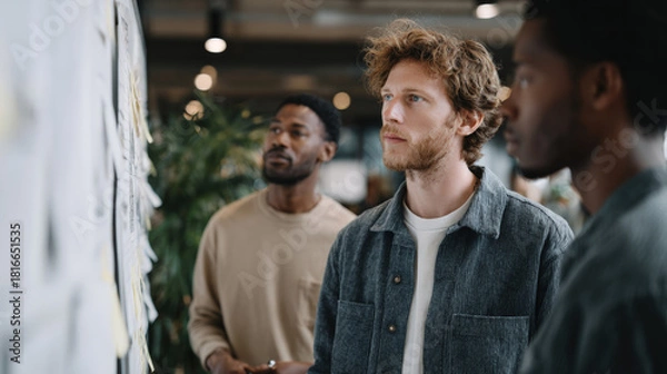 Fototapeta Creative team brainstorming in modern workspace, focused individuals analyzing ideas on wall, collaboration and innovation