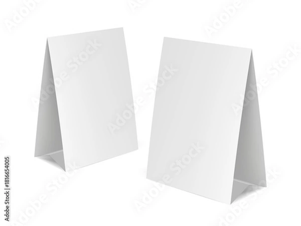 Obraz Table tent template. White blank paper countertop pop banner stand. Realistic mockup. Desktop promotional graphic display card  mock-up. Stand Up Clear Card Mockup On Table.