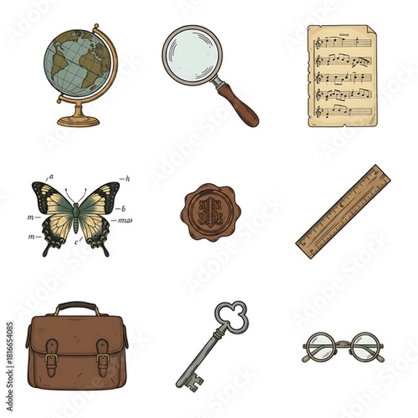 Fototapeta Collection of vintage school and travel items, including a globe, magnifying glass, sheet music, butterfly diagram, seal, ruler, satchel, key, and glasses