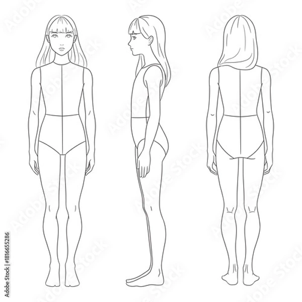 Fototapeta Children's fashion design template featuring a girl croquis in front, side, and back views. Clean line art illustration perfect for kids' clothing designers, children's fashion sketching,
