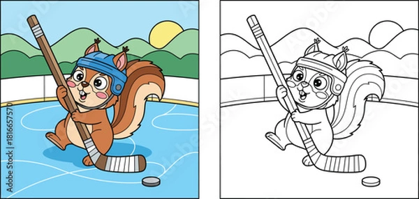 Fototapeta Coloring book page for kids with cute cartoon squirrel playing ice hockey. Vector illustration of winter sport animal with color sample and outline.