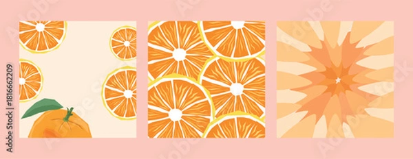 Obraz Set of three orange-themed illustrations: whole orange with leaf, sliced oranges, and abstract orange sunburst pattern. Perfect for food, health, and summer designs