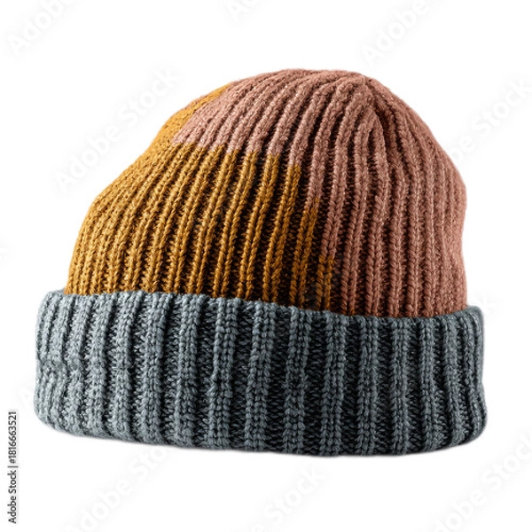 Obraz Single Knit Beanie with Vertical Stripes in Muted Tones on a White Background without Shadows for Stock Photography