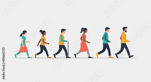 Fototapeta Diverse group of people walking together in a line representing unity and progress.
