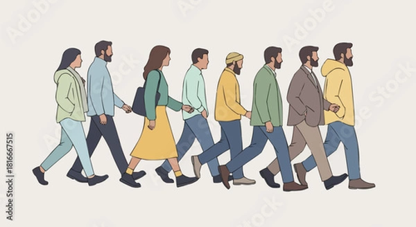 Obraz Group of diverse people walking together in a line, side view.