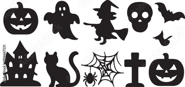 Fototapeta Halloween icons set with pumpkin ghost bat cat and spooky symbols vector illustration