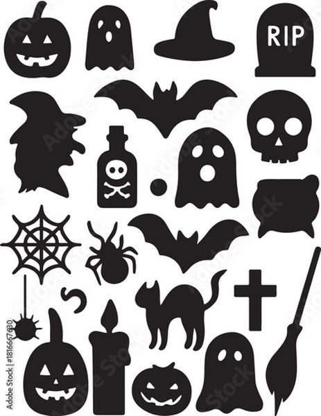 Fototapeta Halloween icons set with pumpkin ghost bat cat and spooky elements vector illustration