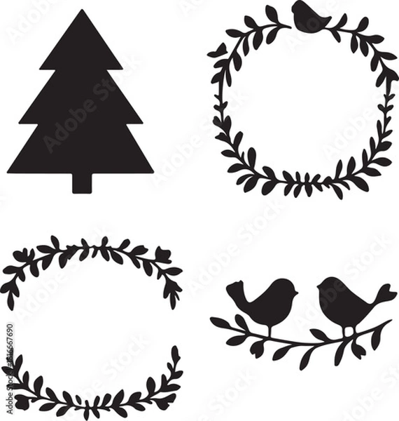 Fototapeta Set of vector Christmas elements with birds and nature decorations