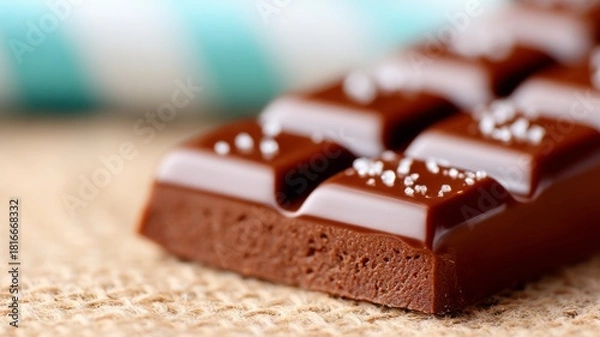 Fototapeta Glossy chocolate bar with sugar crystals, macro closeup