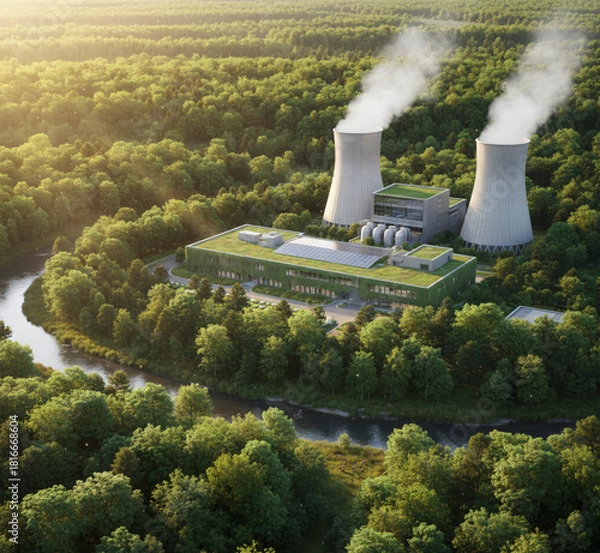 Fototapeta Sustainable Energy Integration: Aerial View of a Modern Nuclear or Thermal Power Plant with Cooling Towers Situated Cleanly in a Lush Green Forest and River Landscape, Symbolizing Environmental Respon