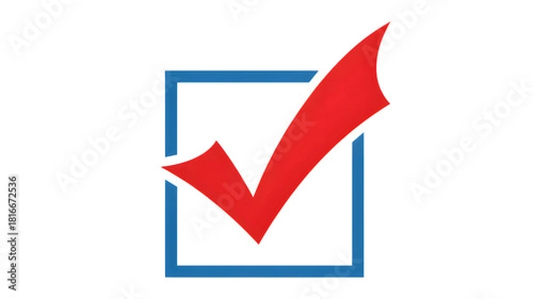 Fototapeta Bright red check mark symbol inside a blue square outline indicating completion or approval isolated on transparent background