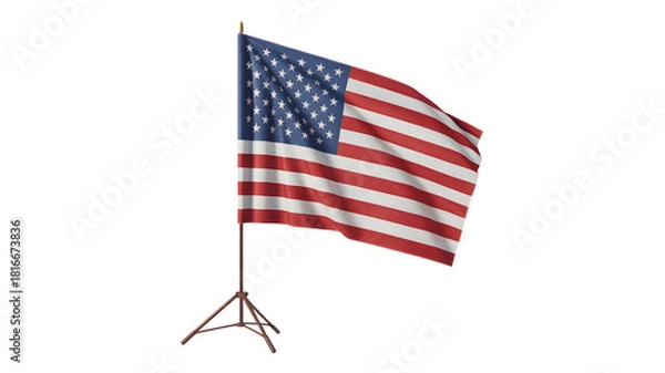 Fototapeta Waving american flag on a tripod stand isolated on transparent background representing patriotism and freedom