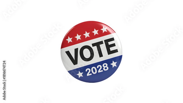 Fototapeta Red white and blue oval shaped vote 2028 election button with stars isolated on transparent background