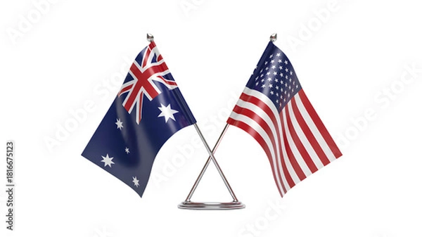 Fototapeta Two national flags the australian flag and the american flag are crossed and displayed on a white background isolated on transparent background