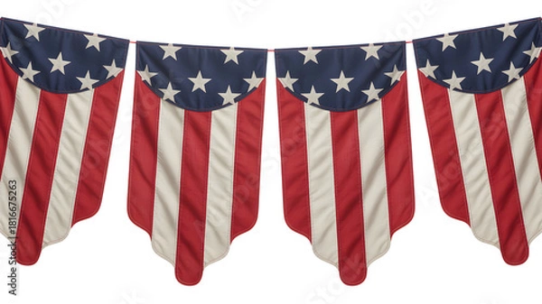 Fototapeta Four patriotic american flags in a row draped and hanging creating a festive banner for celebrations isolated on transparent background