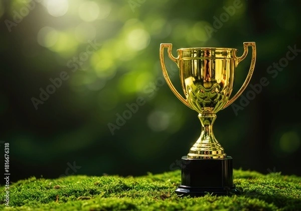 Fototapeta A shining golden trophy sitting on lush green moss, symbolizing successful environmental efforts and profitable sustainability ,concept ,investing ,natural