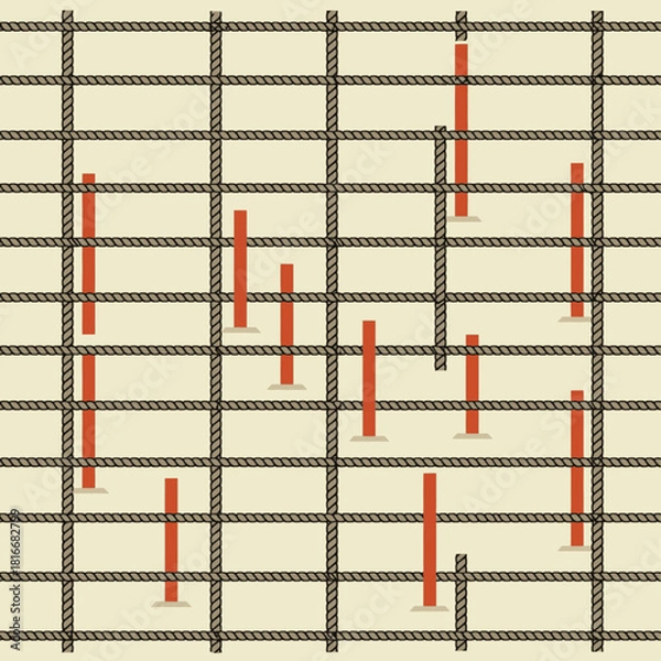 Obraz Abstract grid pattern with dark lines and scattered red vertical posts on a light background.