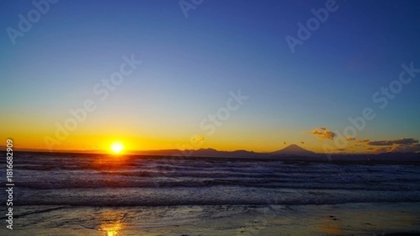 Obraz 富士山と海に夕日夕日