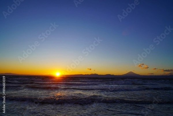 Obraz 富士山と海に夕日夕日