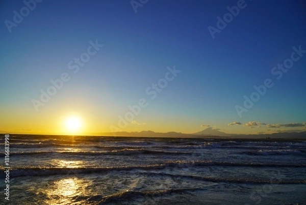 Obraz 富士山と海に夕日夕日