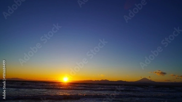 Obraz 富士山と海に夕日夕日