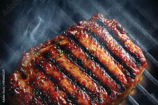 Obraz Beef Steak Cooking on Grill, Top-View Composition