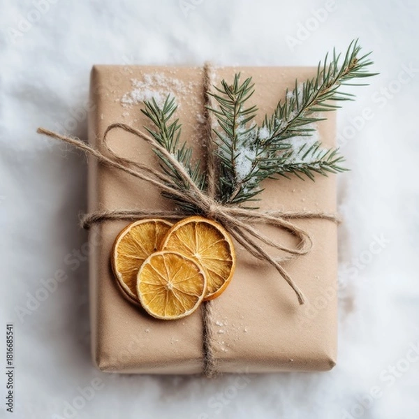 Fototapeta Eco-friendly Christmas gift wrapping with rustic brown paper, jute twine, pine sprig and dried orange slices for sustainable branding, packaging design, festive marketing

