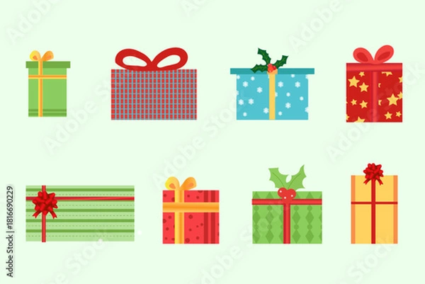 Fototapeta Set of Christmas gifts, New Year presents, gift boxes with ribbons, vector illustration in flat style